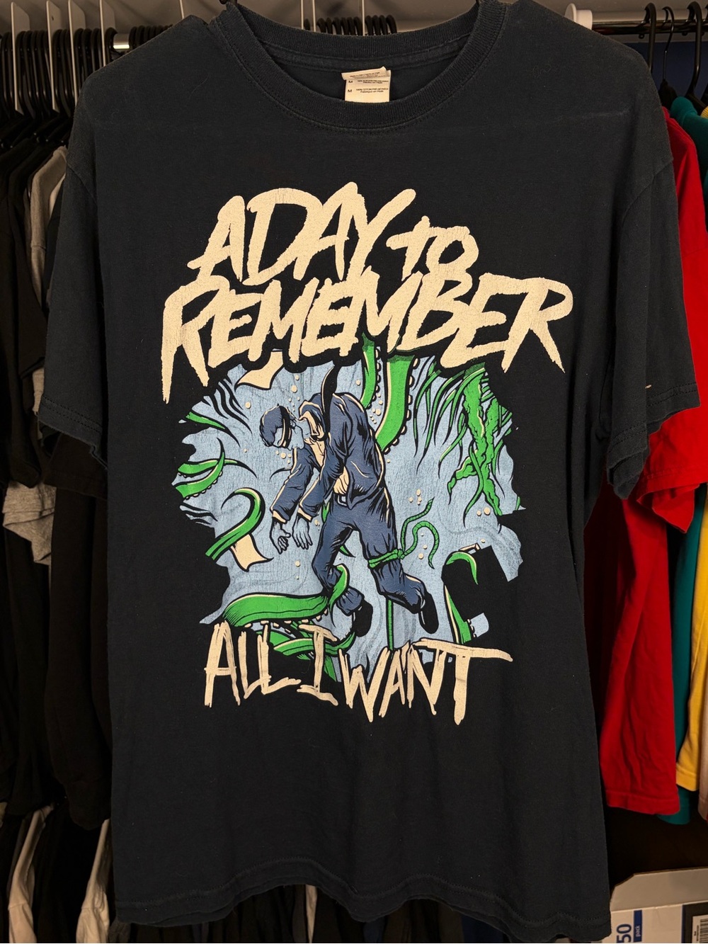 Gildan Black A Day to Remember Graphic Tee with Green & Light Blue Print